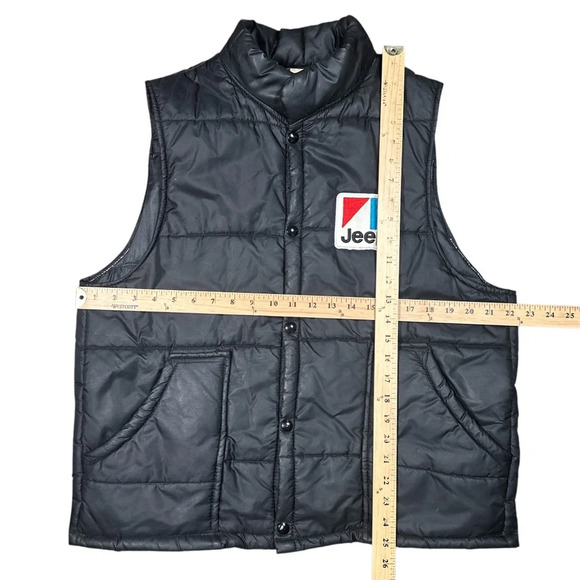 Vintage 70s Jeep Logo Nylon Puffer Black Snap Button Vest Jacket Mens Large - Picture 16 of 16